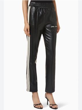 Palm Angels Black Faux-Leather Track Pants with Cream Side Stripes